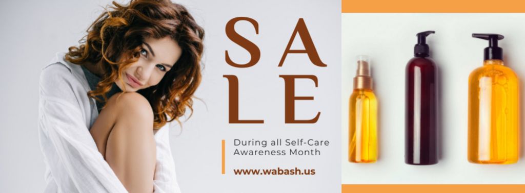 Self-Care Awareness Month Woman with Skincare Products Facebook cover Design Template