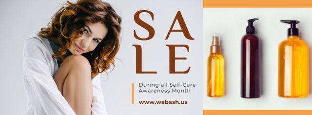 Ontwerpsjabloon van Facebook cover van Self-Care Awareness Month Woman with Skincare Products