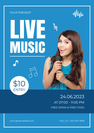 Live Music Event Ad with Smiling Woman Poster Design Template