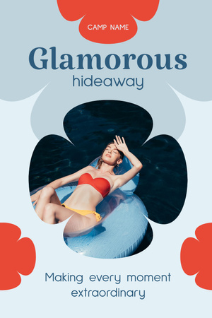 Ontwerpsjabloon van Pinterest van Jonge vrouw ontspannen op opblaasbare matras in zwembad