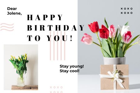 Sincere Birthday Greeting And Pink Flowers In Vases Postcard 4x6in Design Template
