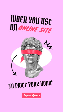 Plantilla de diseño de anuncio de agencia inmobiliaria con estatua divertida en blindfold Instagram Story 