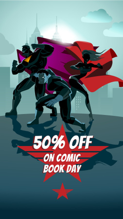 Comic Book Day Discount Offer with Superheroes Instagram Story Design Template