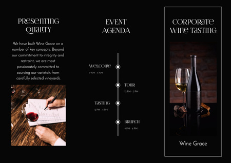 Oznámení o degustaci vína se sklenkou na víno a lahví v černé barvě Brochure Din Large Z-fold Šablona návrhu