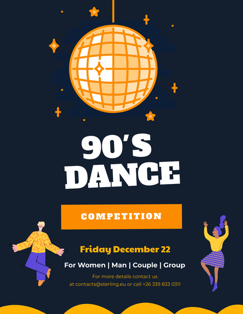 Vibrant 90's Dance Competition Announcement With Disco Ball Flyer 8.5x11in Tasarım Şablonu