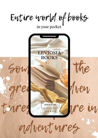 Platilla de diseño Books App with Coffee and Books on Phone Screen Poster