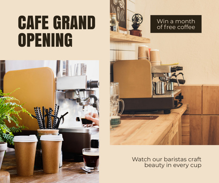 Ontwerpsjabloon van Facebook van Café Grand Opening met koffiemachines en promo