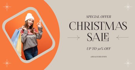 Woman on Christmas Shopping Grey and Orange Facebook AD Design Template