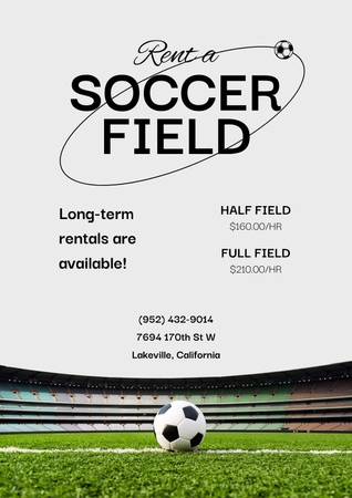 Designvorlage Mietanzeige für Fußballfelder mit Ball im Stadion für Poster