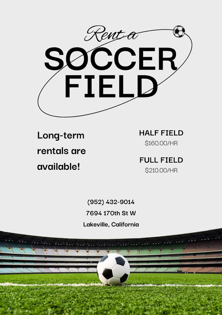 Soccer Field Rental Ad with Ball on Stadium Poster Design Template