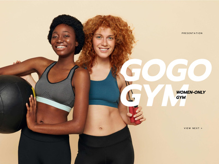 Gym for Women Ad with Smiling Athlete Girls Presentationデザインテンプレート