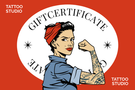 Template di design Offerta Tattoo Studio illustrata con donna tatuata dura Gift Certificate