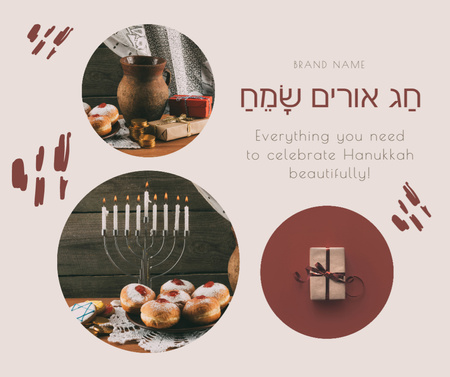 Happy Hanukkah With Gifts And Sufganiyah For Celebration Facebook Design Template