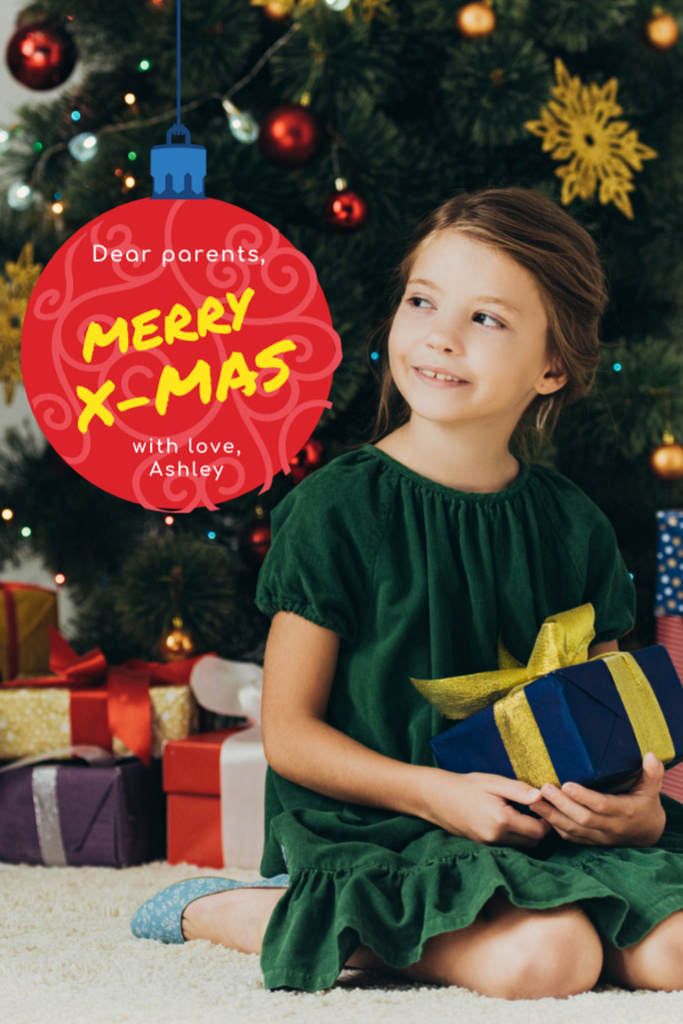 Plantilla de diseño de Lovely Christmas Congrats With Little Girl Holding Presents Postcard 4x6in Vertical 