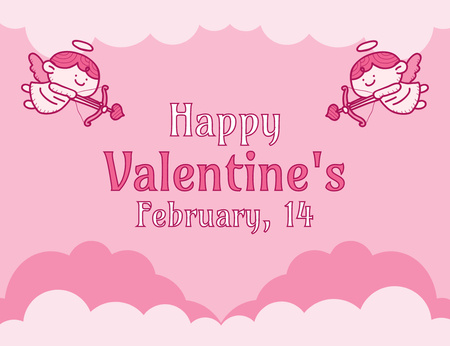 Happy Valentine's Day Greeting with Cartoon Cupids Thank You Card 5.5x4in Horizontal Design Template