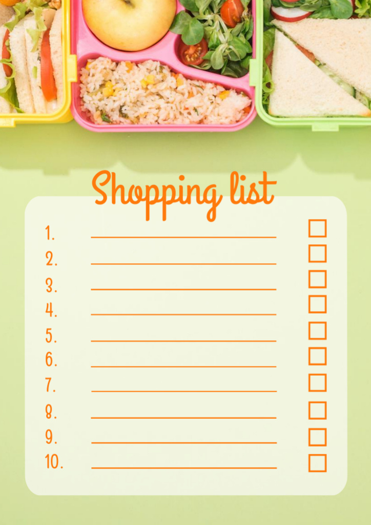 Food Shopping List with Healthy Food Take Away in Boxes Schedule Planner Design Template