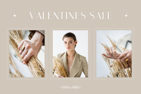 Plantilla de diseño de Valentine's Day Sale with Young Woman with Bouquet of Spikelets Mood Board 