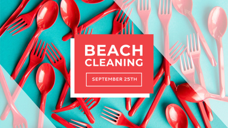 anúncio de limpeza de praia com louça de plástico vermelho FB event cover Modelo de Design