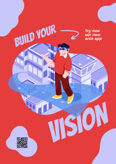 Illustration of Man in Virtual Reality Glasses of Red Postcard A6 Vertical Design Template