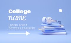 College Advertisement with Headphones and Stack of Books