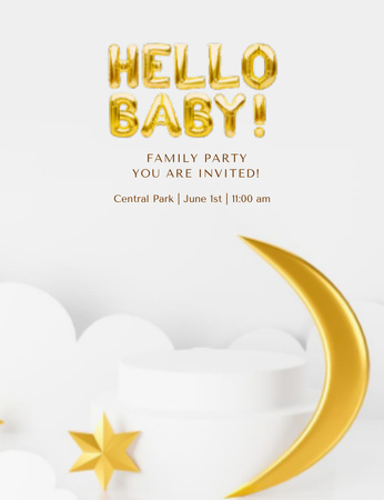 Birthday Family Party Announcement with Golden Moon Invitation 13.9x10.7cm Design Template