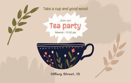 Announcement Of Lovely Tea Party With Painted Cup In Brown Invitation 4.6x7.2in Horizontal Design Template