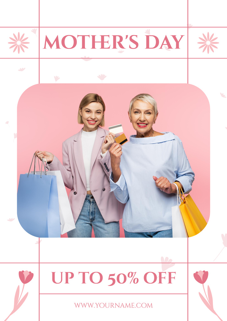 Platilla de diseño Mother's Day Discount Offer with Women with Shopping Bags Poster