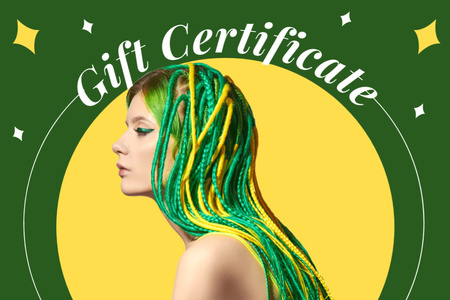 黄緑のドレッドヘアを持つ若い女性とビューティー スタジオ プロモーション Gift Certificateデザインテンプレート