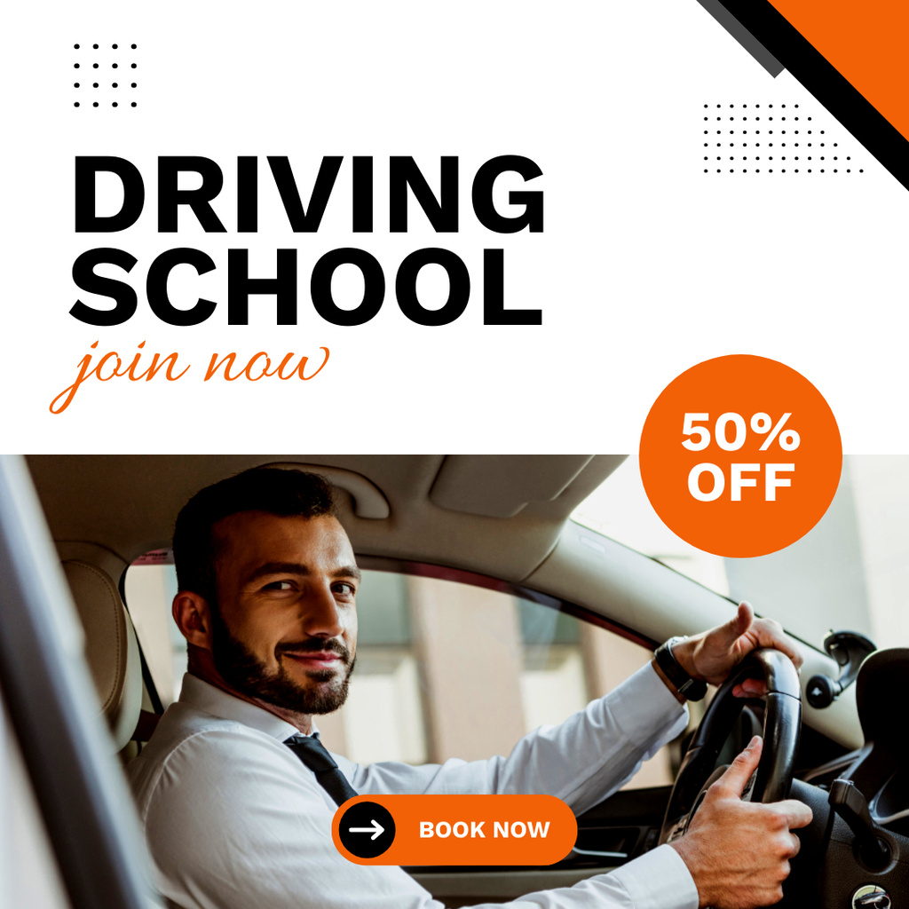 Customized Driving School Classes Discounts And Booking In White Instagram tervezősablon