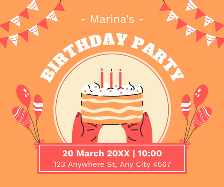 Anúncio de festa de aniversário com bolo apetitoso Facebook Modelo de Design