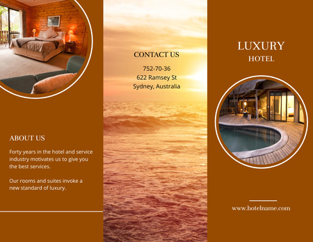 Plantilla de diseño de Hotel de lujo con fotos de piscina y habitaciones. Brochure 8.5x11in 