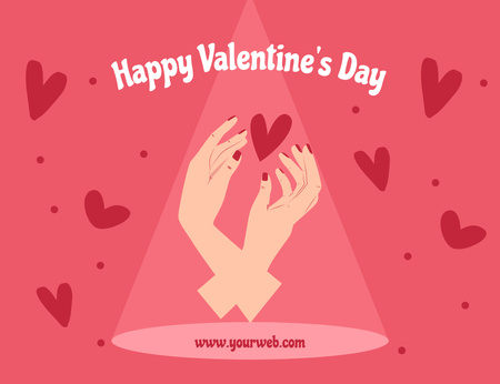 Desejo de Dia dos Namorados com as mãos segurando um coração rosa Thank You Card 5.5x4in Horizontal Modelo de Design