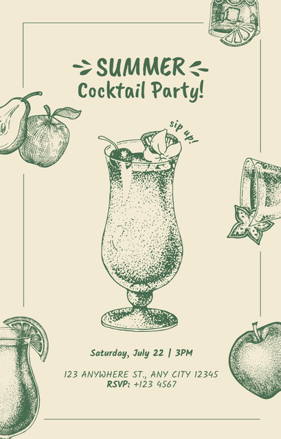 Summer Cocktail Party with Sketch Illustration of the Drinks Invitation 4.6x7.2in – шаблон для дизайна
