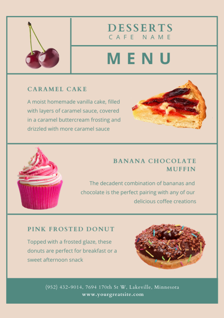 Yummy Cakes and Donuts Desserts In Cafe Offer Menu Design Template