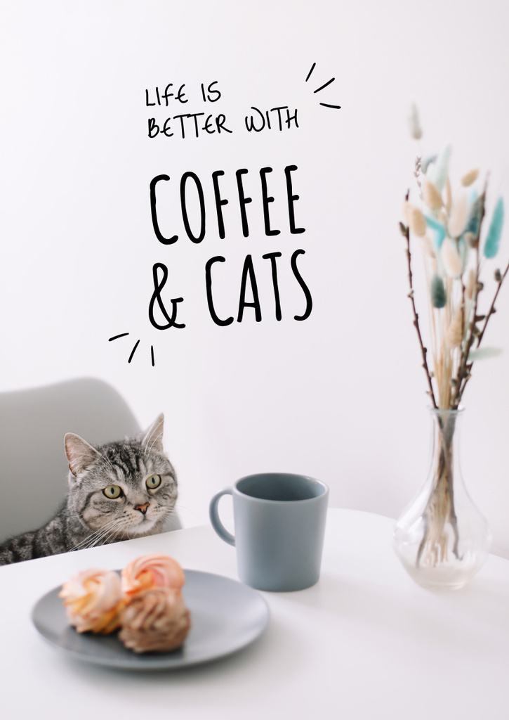 Cat with Morning Coffee on Table Poster A3 – шаблон для дизайну