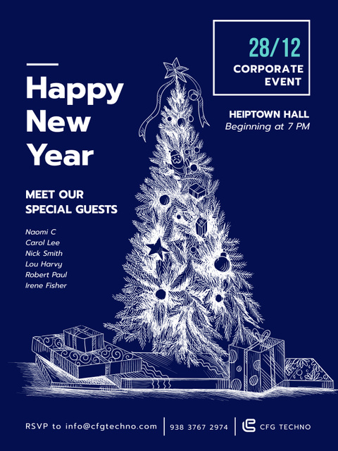 New Year Invitation with Illustration of Christmas Tree in Blue Poster US Design Template