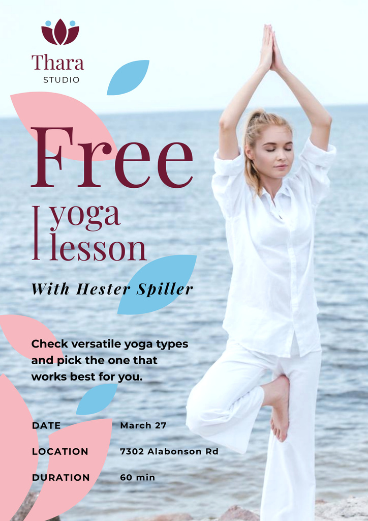 Plantilla de diseño de Lesson Offer with Woman Practicing Yoga Poster 