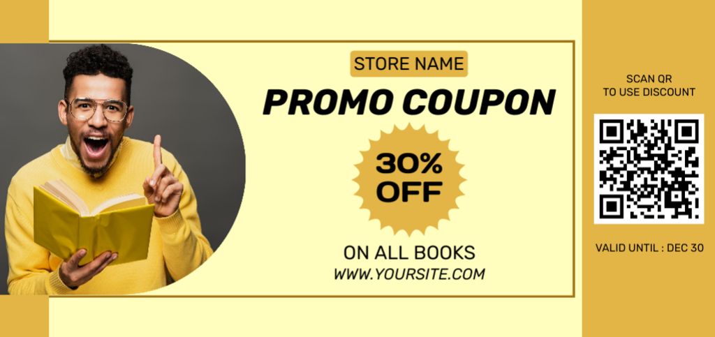 Bookstore's Promo on Yellow with Black Man Coupon Din Large tervezősablon