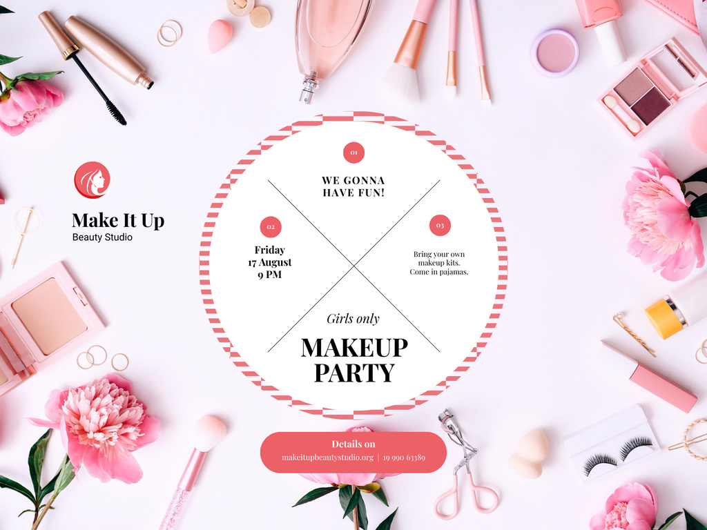 Plantilla de diseño de Makeup Party Invitation with Various Cosmetics Poster 18x24in Horizontal 