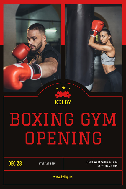 Boxing Gym Opening Announcement with People in Red Gloves Pinterest Design Template