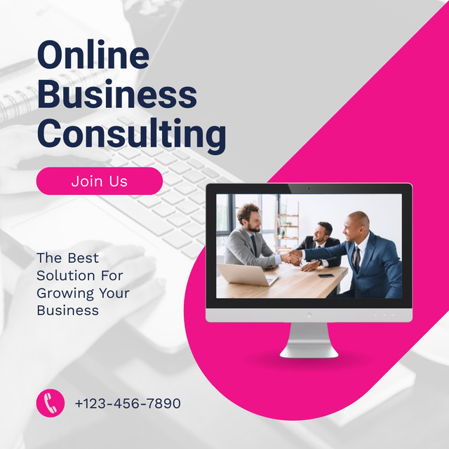 Online Business Consulting Offer with Businesspeople on Screen LinkedIn postデザインテンプレート