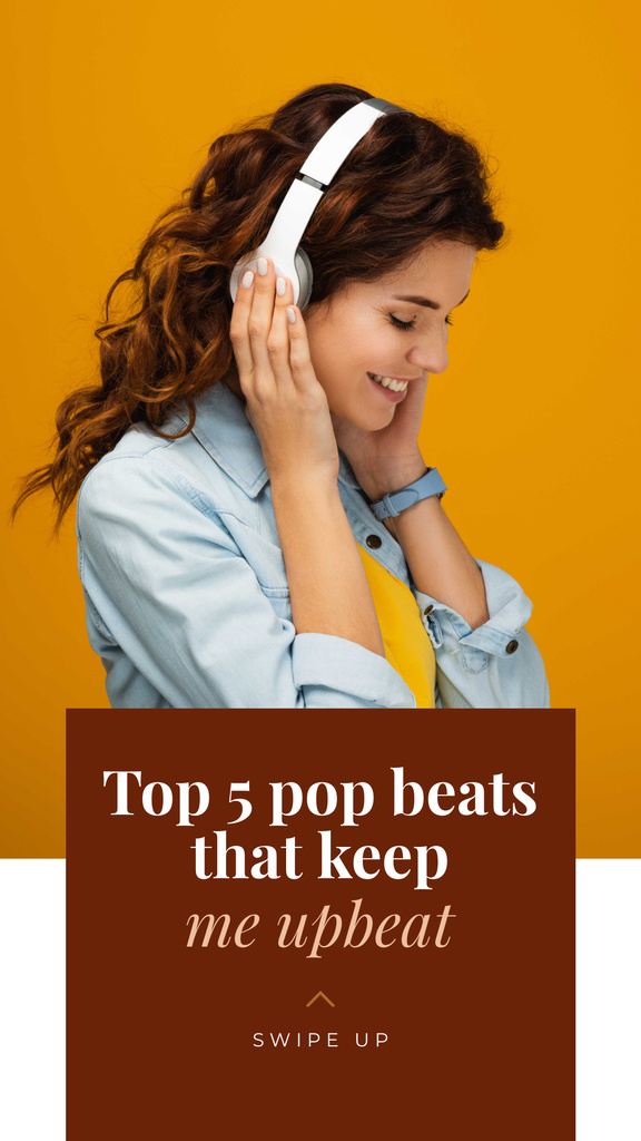 Top pop beats with Smiling Woman listeting Music Instagram Story Design Template
