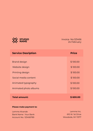 Designvorlage Zahlung für Designstudio-Dienstleistungen auf Peach für Invoice