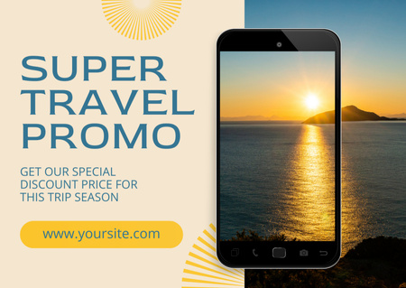 Designvorlage Super Reise-Promo mit Foto zum Sonnenuntergang auf dem Smartphone für Card