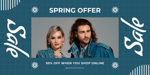 Platilla de diseño Fashion Spring Sale Offer with Stylish Couple Twitter