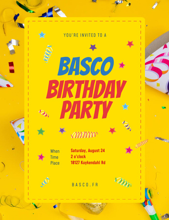 Platilla de diseño Birthday Party Alert With Confetti and Ribbons on Yellow Invitation 13.9x10.7cm