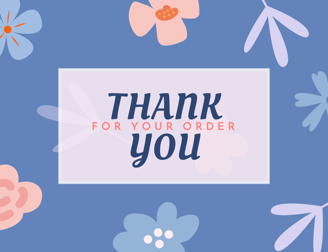 Designvorlage Thank You for Your Order Phrase with Simple Flowers on Blue Layout für Thank You Card 5.5x4in Horizontal
