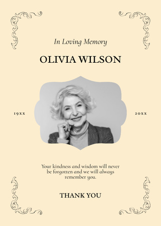 Designvorlage In liebevoller Erinnerung Text zur eleganten Beerdigung mit Foto einer Frau für Postcard 5x7in Vertical