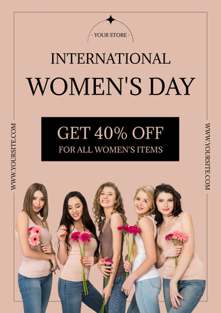 Designvorlage Rabatt am Frauentag mit Frauen, die Blumensträuße halten für Poster