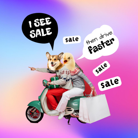 Ontwerpsjabloon van Instagram van verkoop aankondiging met grappige dieren op scooter